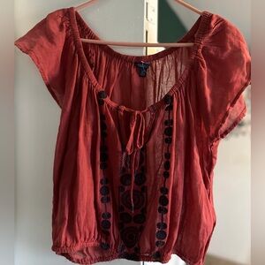 Aeropostale Rust Red Embroidered Tie-Front Peasant Tunic
